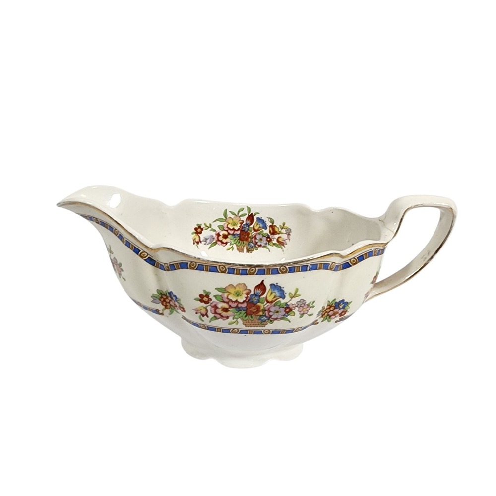 Antique Johnson Bros Pareek England Gravy Boat Cream Floral Blue‎ Band